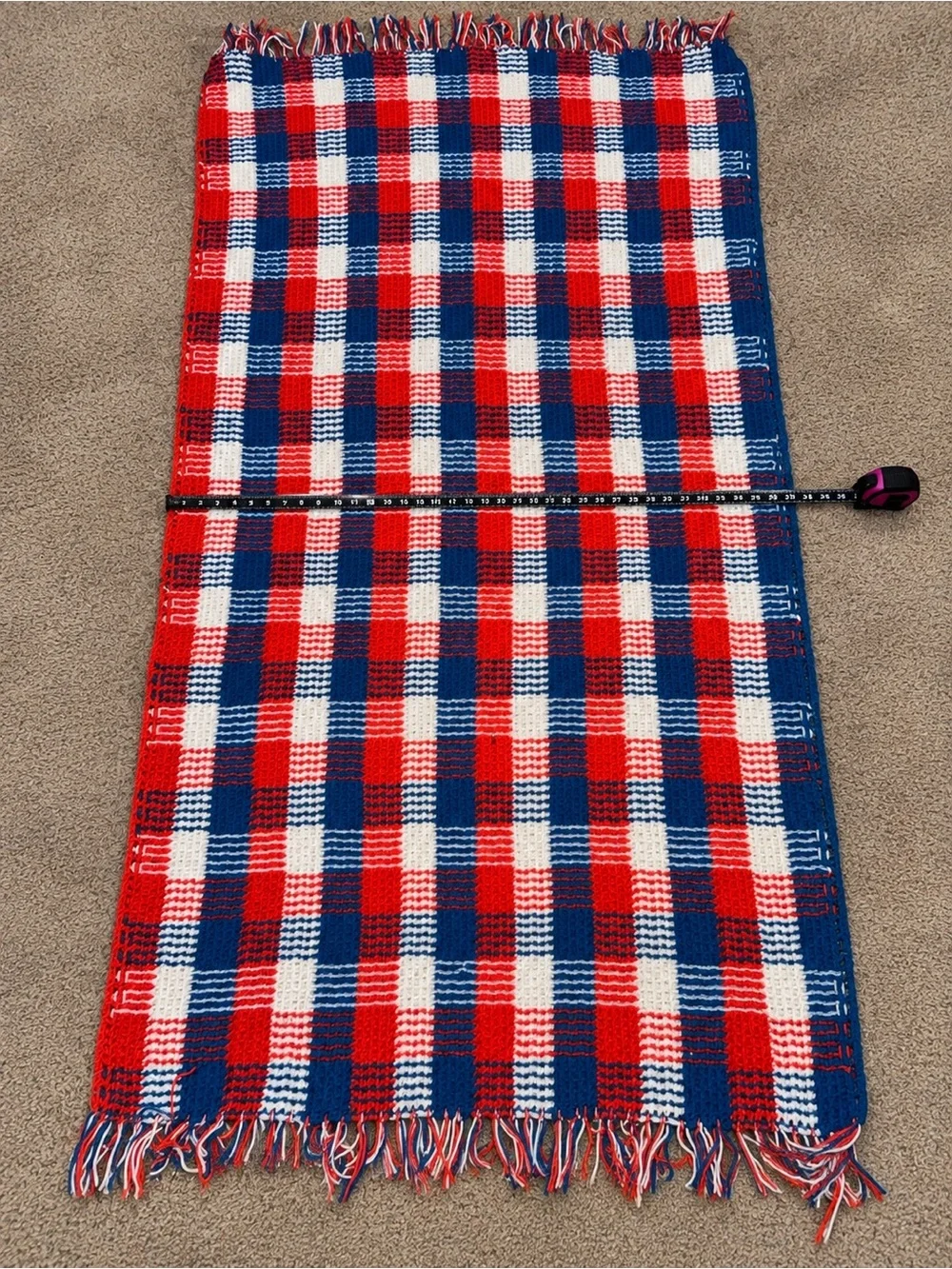 Vintage Handmade Crochet Plaid Afghan Blanket Red White Blue Fringe